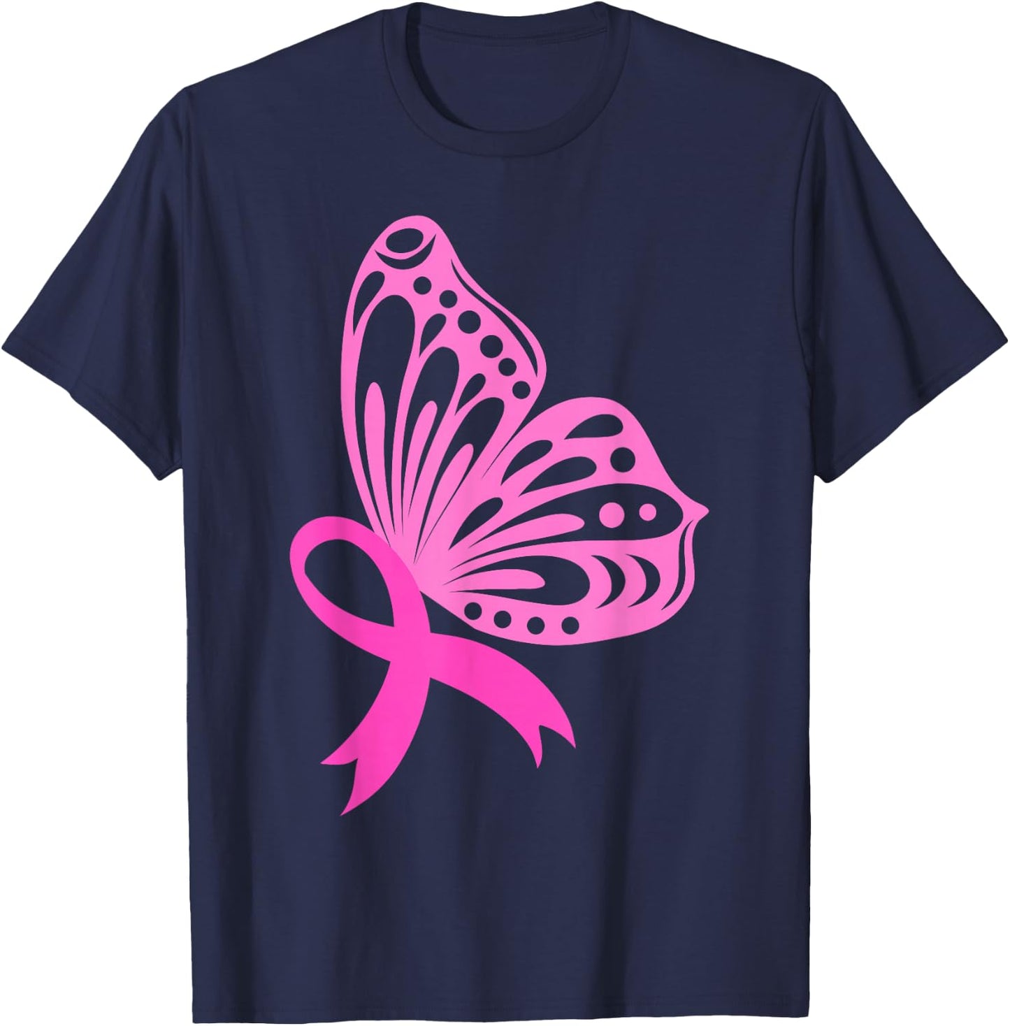 Pink Ribbon Butterfly | Breast Cancer T-Shirt - T-Shirt | Navy