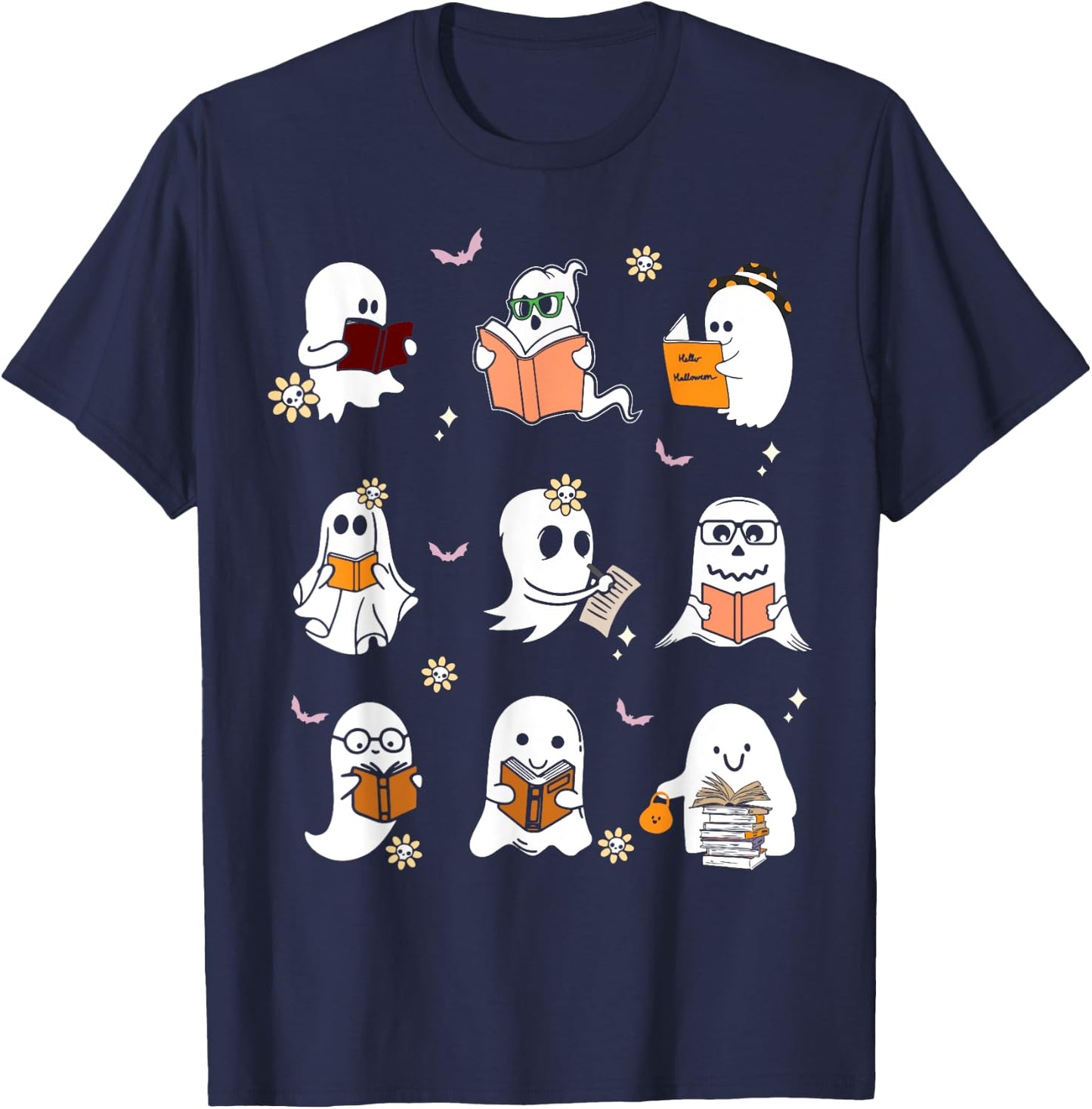 Ghosts Reading Books Teacher Halloween Librarian Boooks Men Women Kids T-Shirt - T-Shirt | Navy
