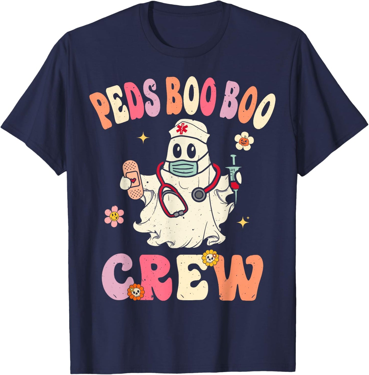 Peds Nurse Boo Crew Retro Halloween ICU NICU Nurse T-Shirt - T-Shirt | Navy