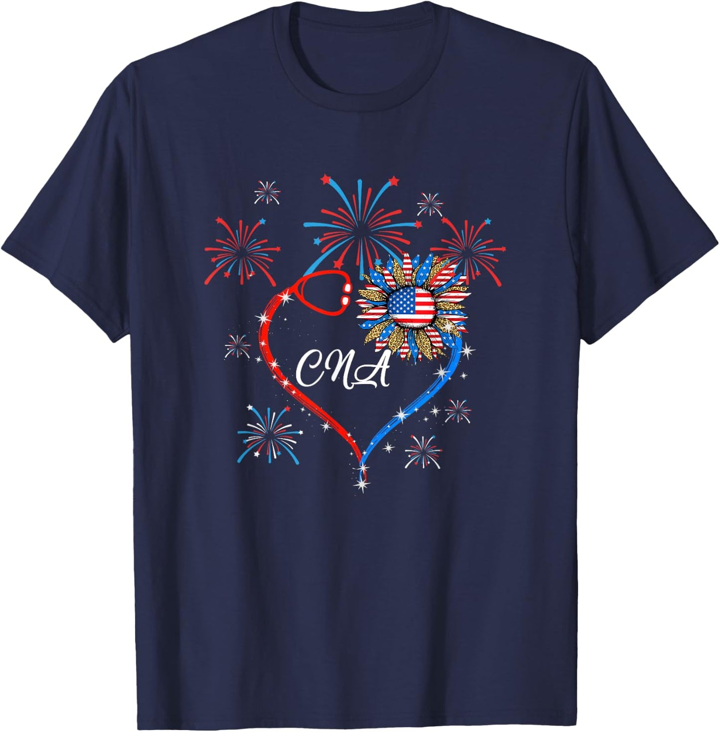Patriotic Cna Nurse 4Th Of July American Flag Sunflower Love T-Shirt - T-Shirt | Navy