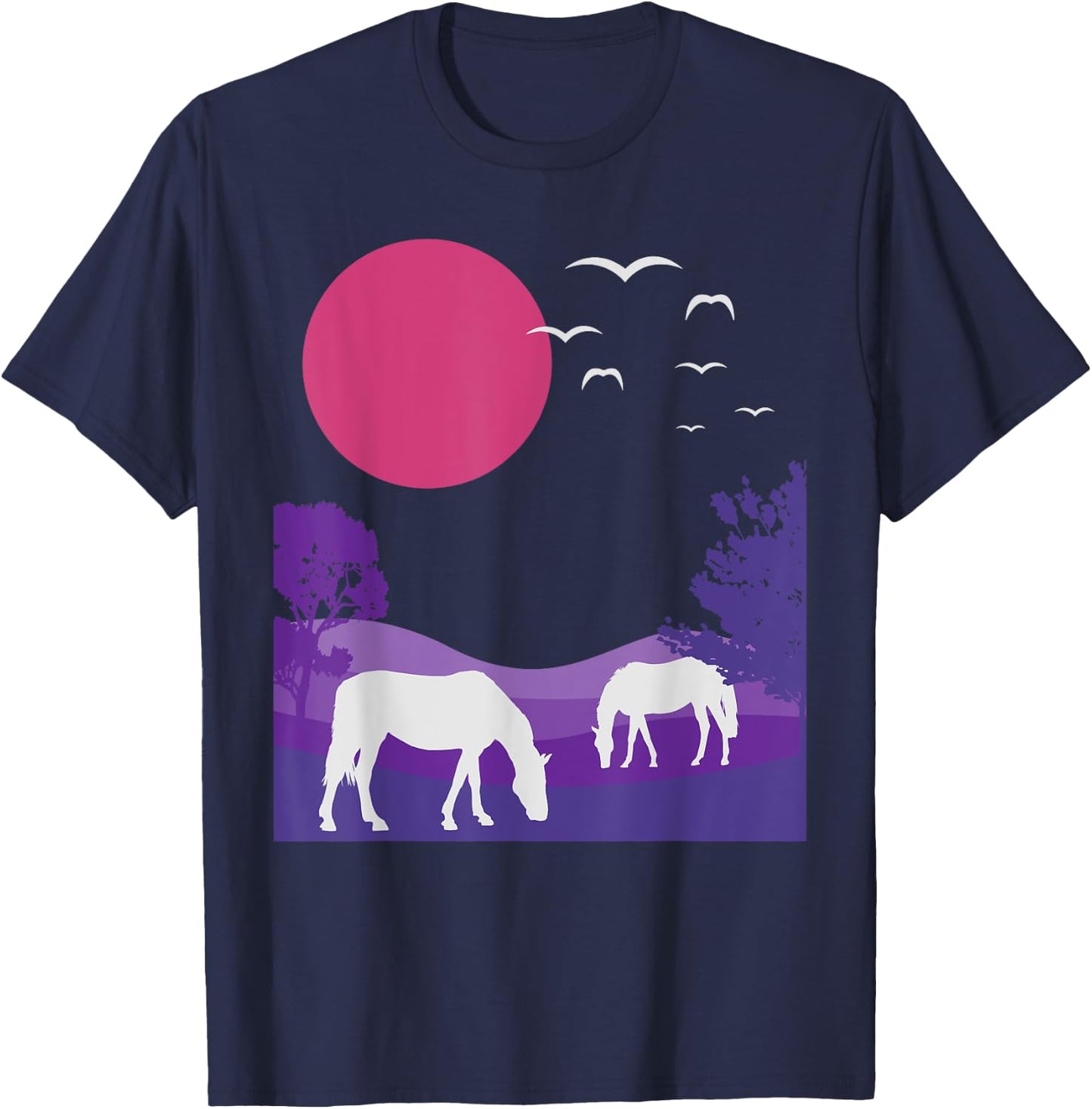 Steppe Landscape Horses Nature Minimalist Design T-Shirt - T-Shirt | Navy