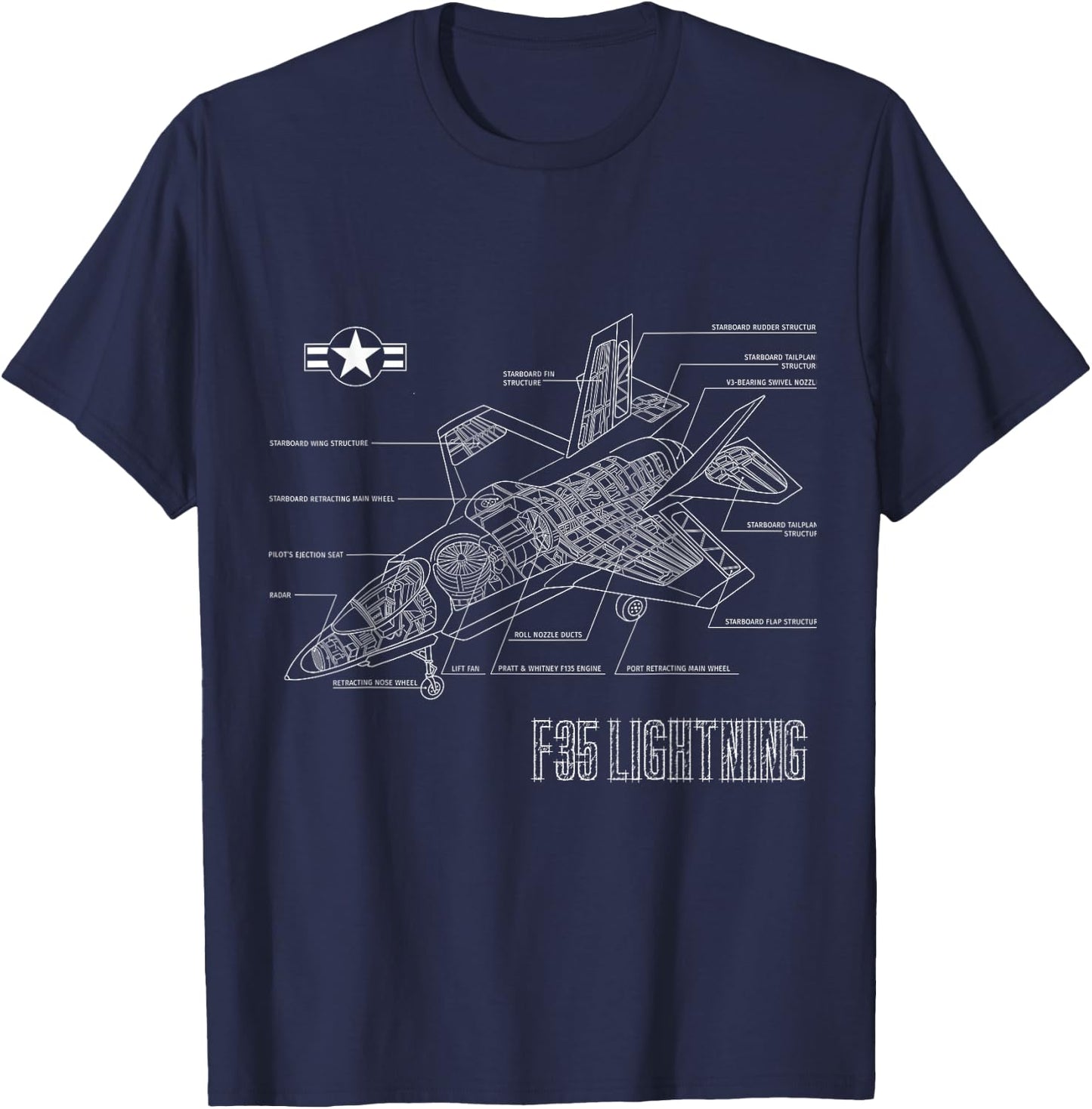 American Aircraft Stealth Fighter F35 lightning blueprint T-Shirt - T-Shirt | Navy