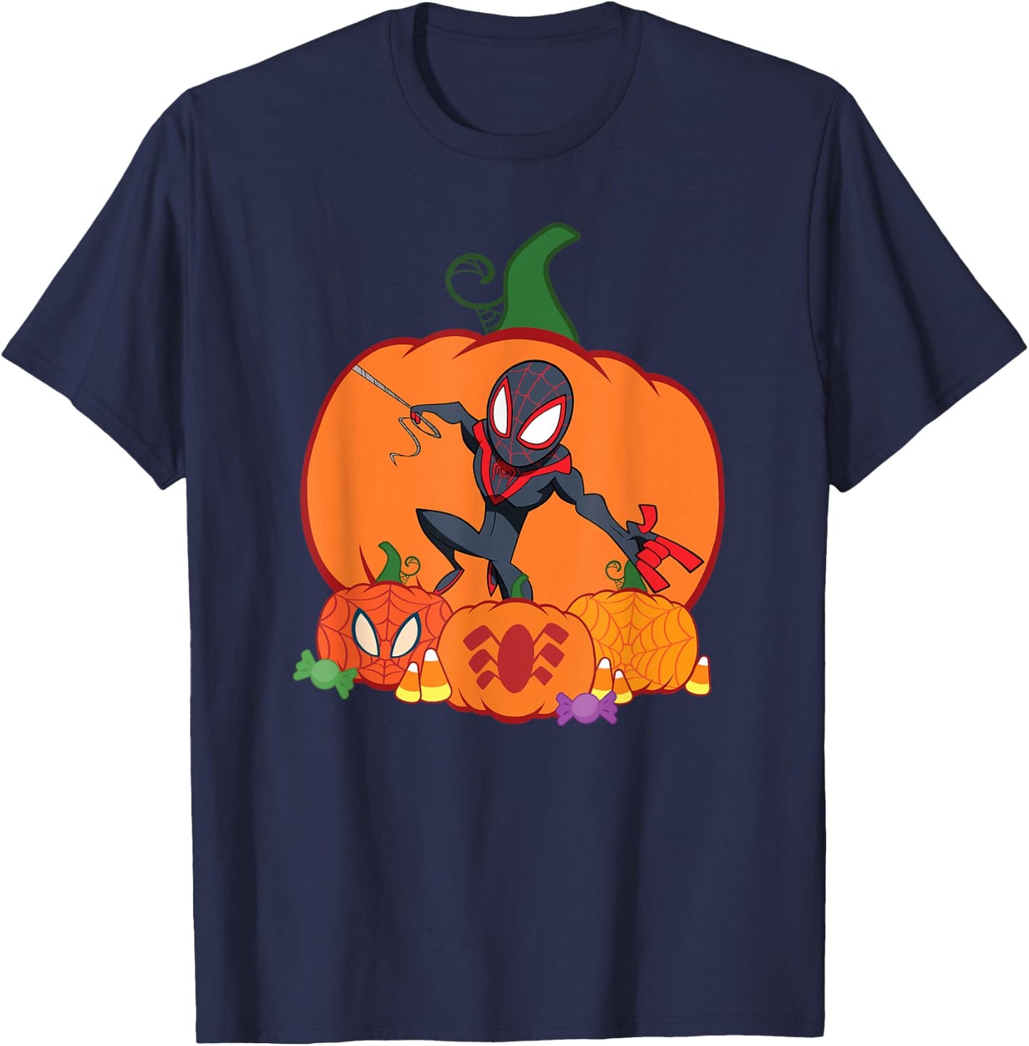 Marvel Spider-Man Miles Morales Halloween with Pumpkins T-Shirt - T-Shirt | Navy