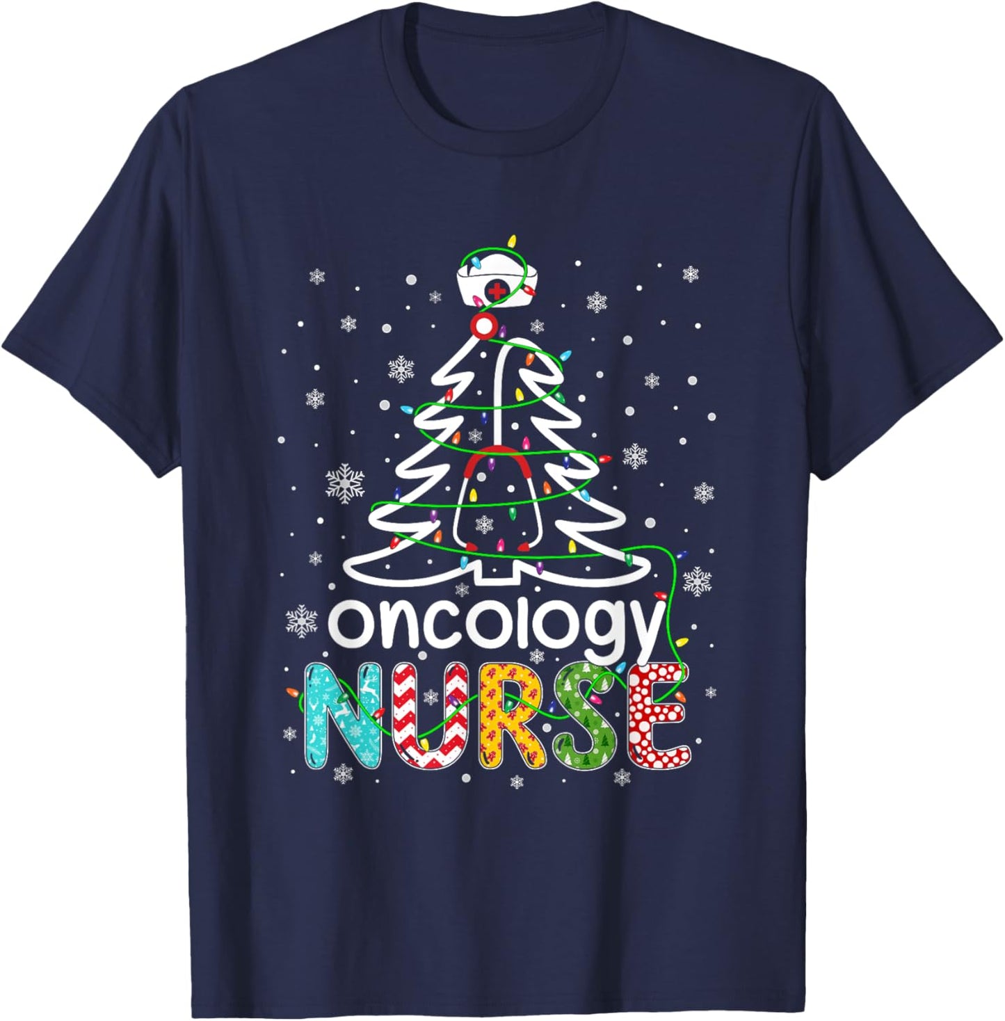 Oncology Nurse Xmas Tree Funny Nursing Christmas Pattern T-Shirt - T-Shirt | Navy