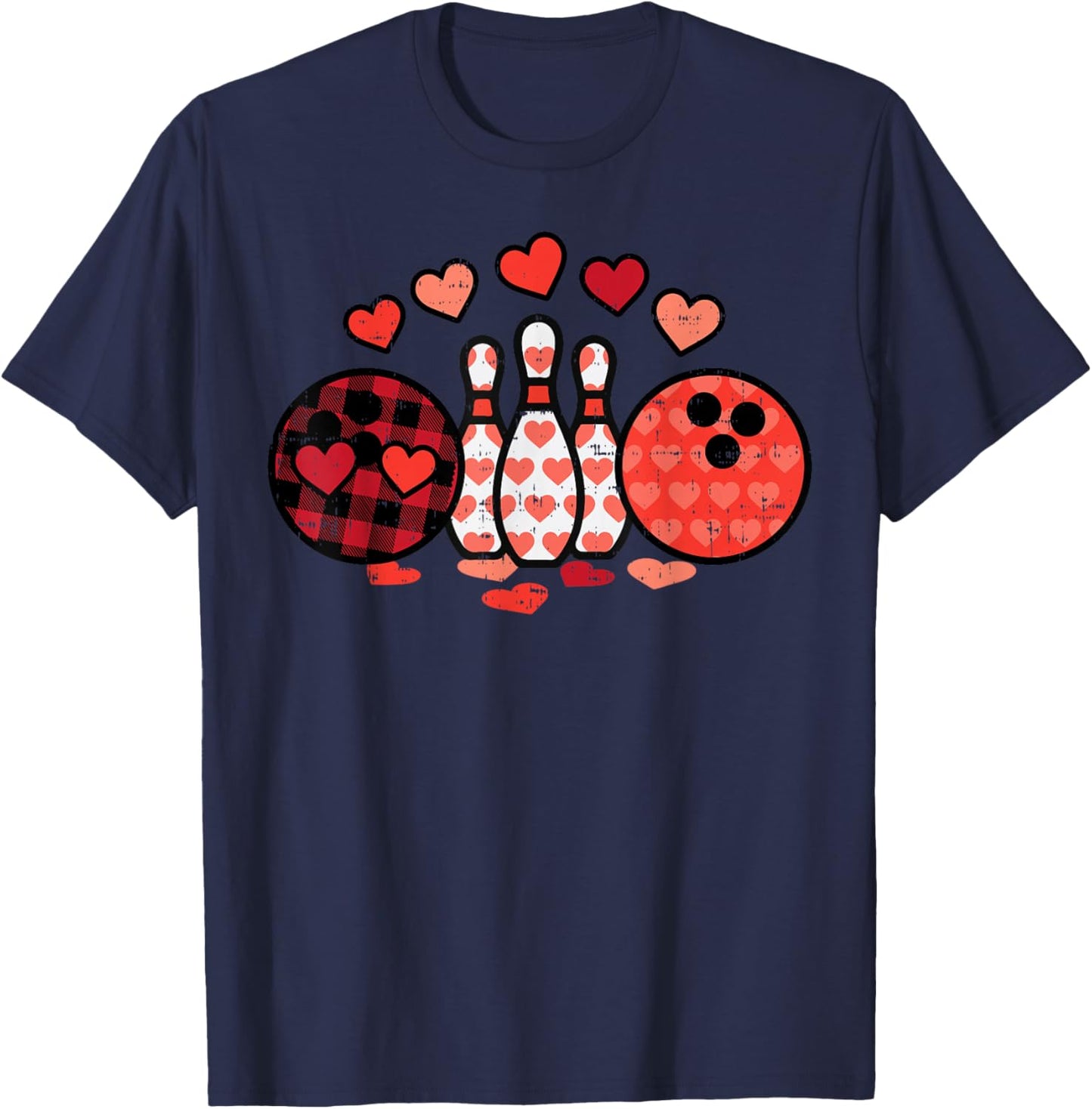 Valentines Day Plaid Bowling Valentine Sports Men Women Kids T-Shirt - T-Shirt | Navy