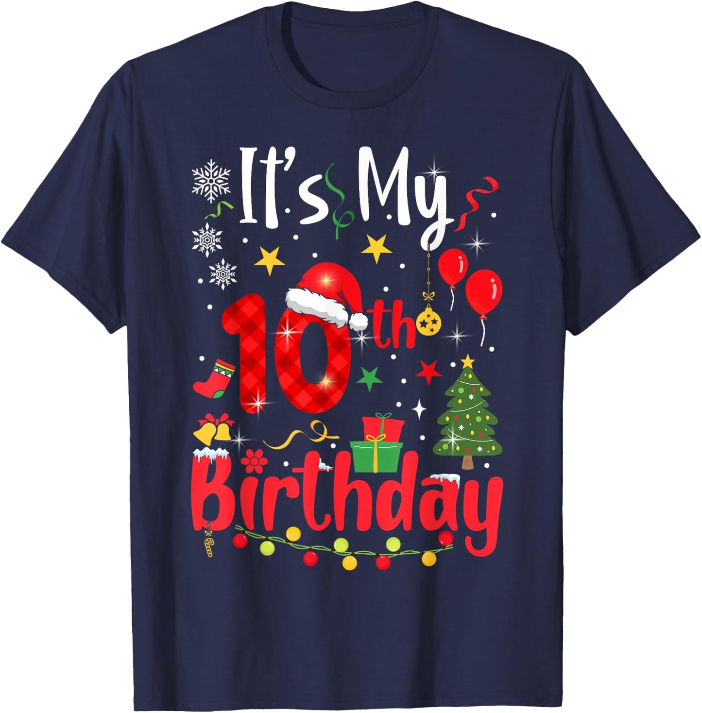 10 Years Old Christmas Bday Party 10th Birthday Kids T-Shirt - T-Shirt | Navy