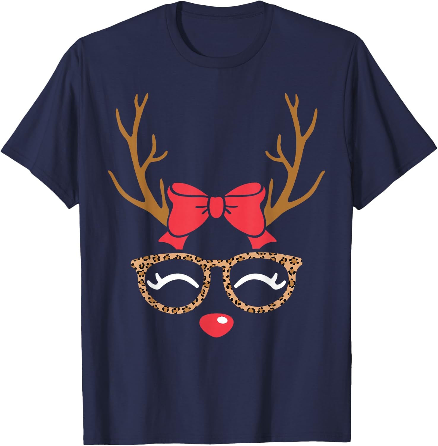 Reindeer Face Bow Leopard Glasses Christmas Girls T-Shirt - T-Shirt | Navy