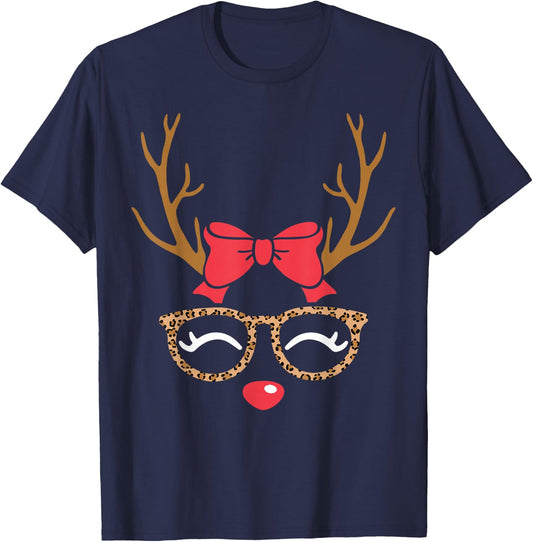 Reindeer Face Bow Leopard Glasses Christmas Girls T-Shirt - T-Shirt | Navy