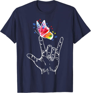 I Love You Hand Sign Language Butterfly Autism Awareness T-Shirt - T-Shirt | Navy