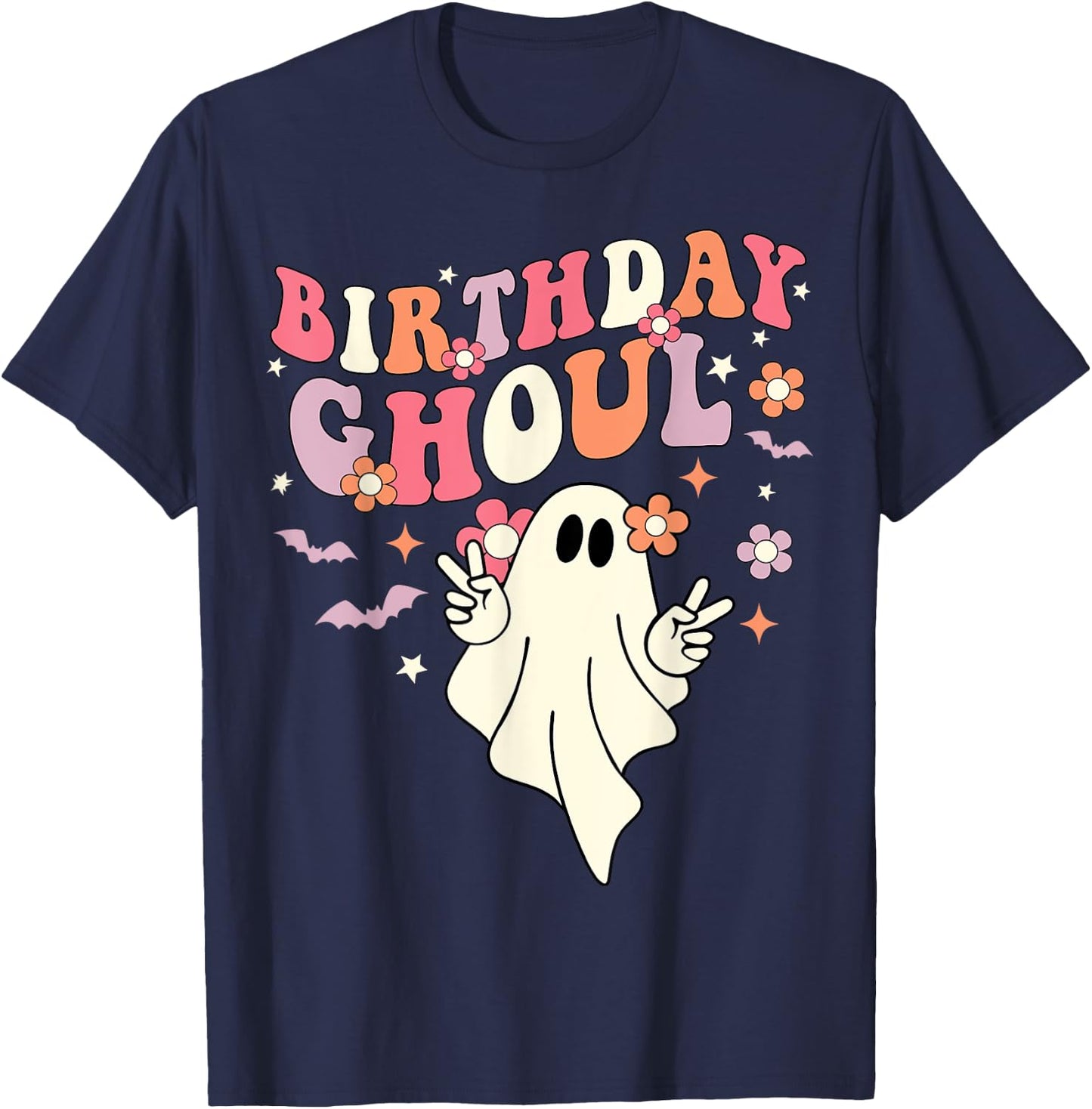 Cute Boo Ghost Kids Girls Groovy Halloween Birthday Ghoul T-Shirt - T-Shirt | Navy