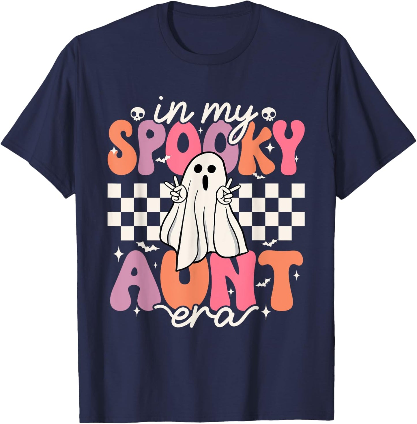 Groovy In My Spooky Aunt Era Retro Auntie Halloween Ghost T-Shirt - T-Shirt | Navy
