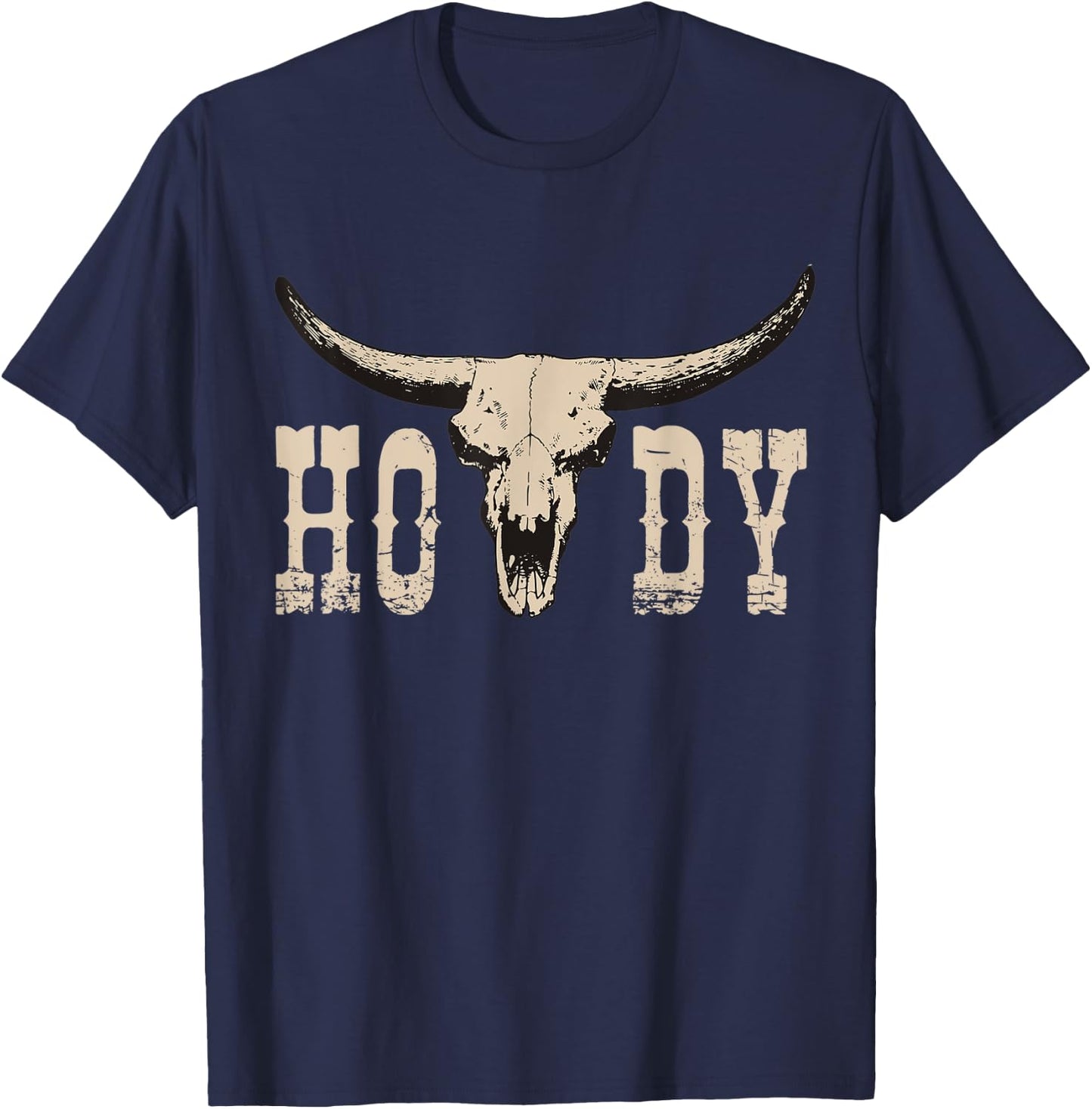 White Howdy Cow Skull Rodeo Western Country Southern Cowboy T-Shirt - T-Shirt | Navy