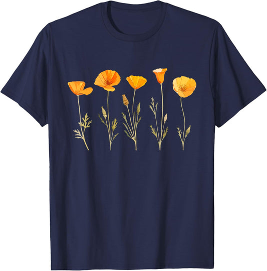 Vintage California Poppy Flower T-Shirt - T-Shirt | Navy
