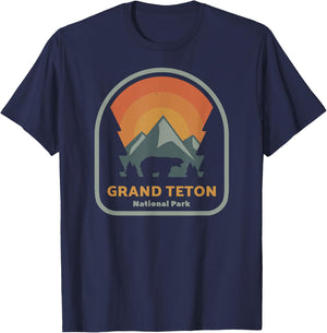 Grand Teton National Park Retro Sunset Vintage T-Shirt - T-Shirt | Navy