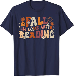 Fall In Love With Reading Autum Thanksgiving Teacher Kids T-Shirt - T-Shirt | Navy