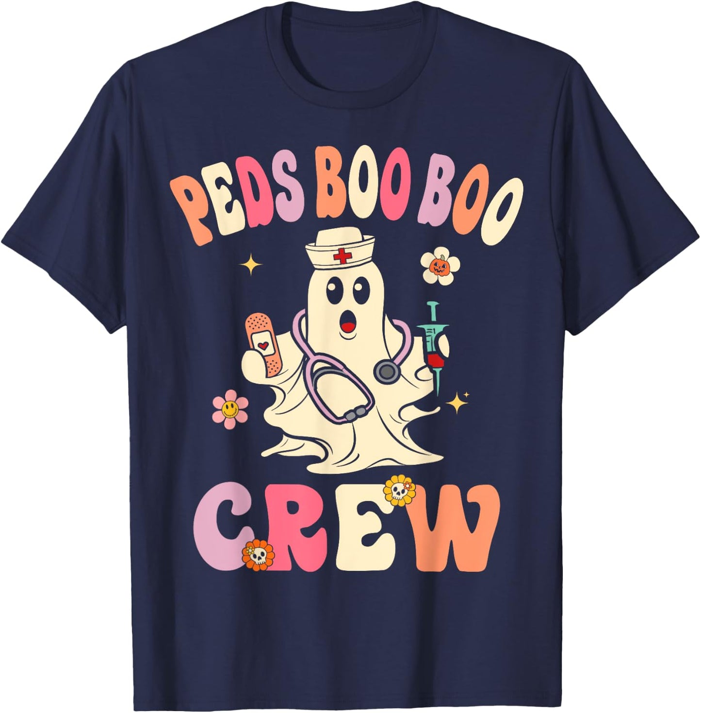 Peds Nurse Boo Crew Retro Halloween Pediatric Nurse T-Shirt - T-Shirt | Navy