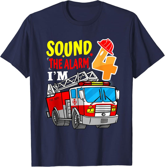 Sound the alarm I’m 4 Fire Truck 4 Year-Old Birthday Boy T-Shirt - T-Shirt | Navy