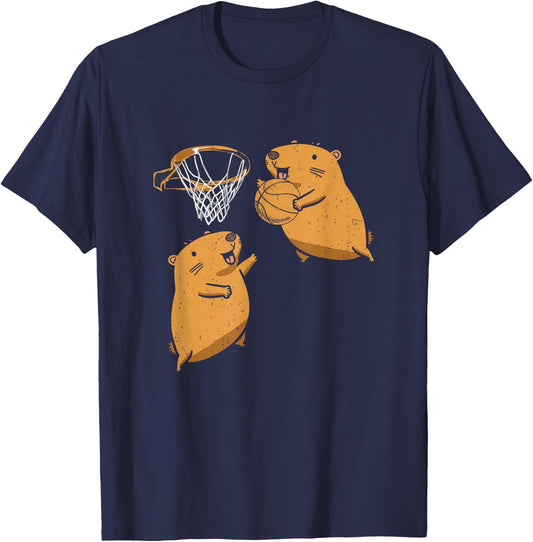 Capybara Playing Basketball Sports Rodent Animal Lover T-Shirt - T-Shirt | Navy