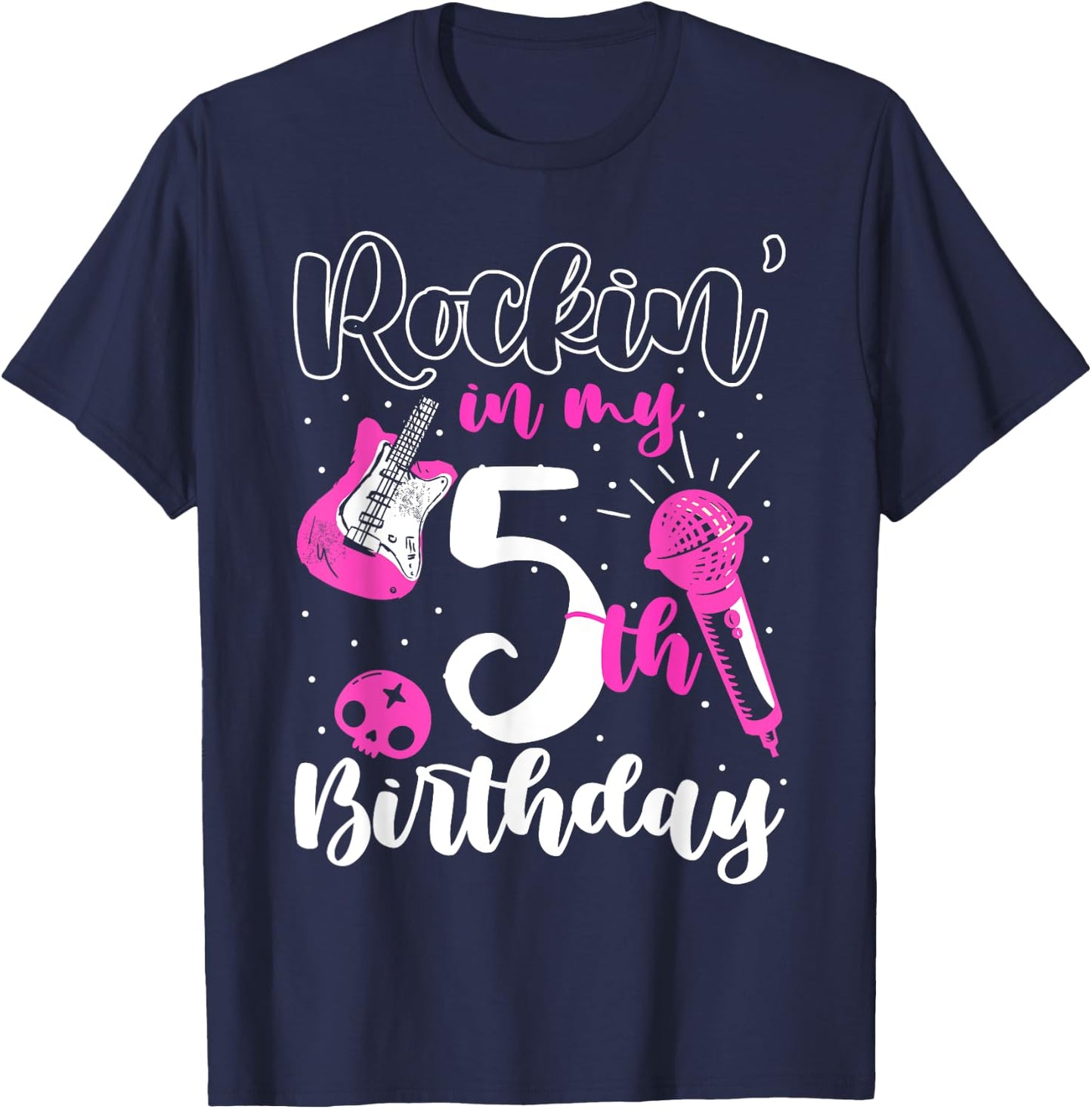 Girls Rockstar Birthday Rock Star Themed Guitar 5th Birthday T-Shirt - T-Shirt | Navy