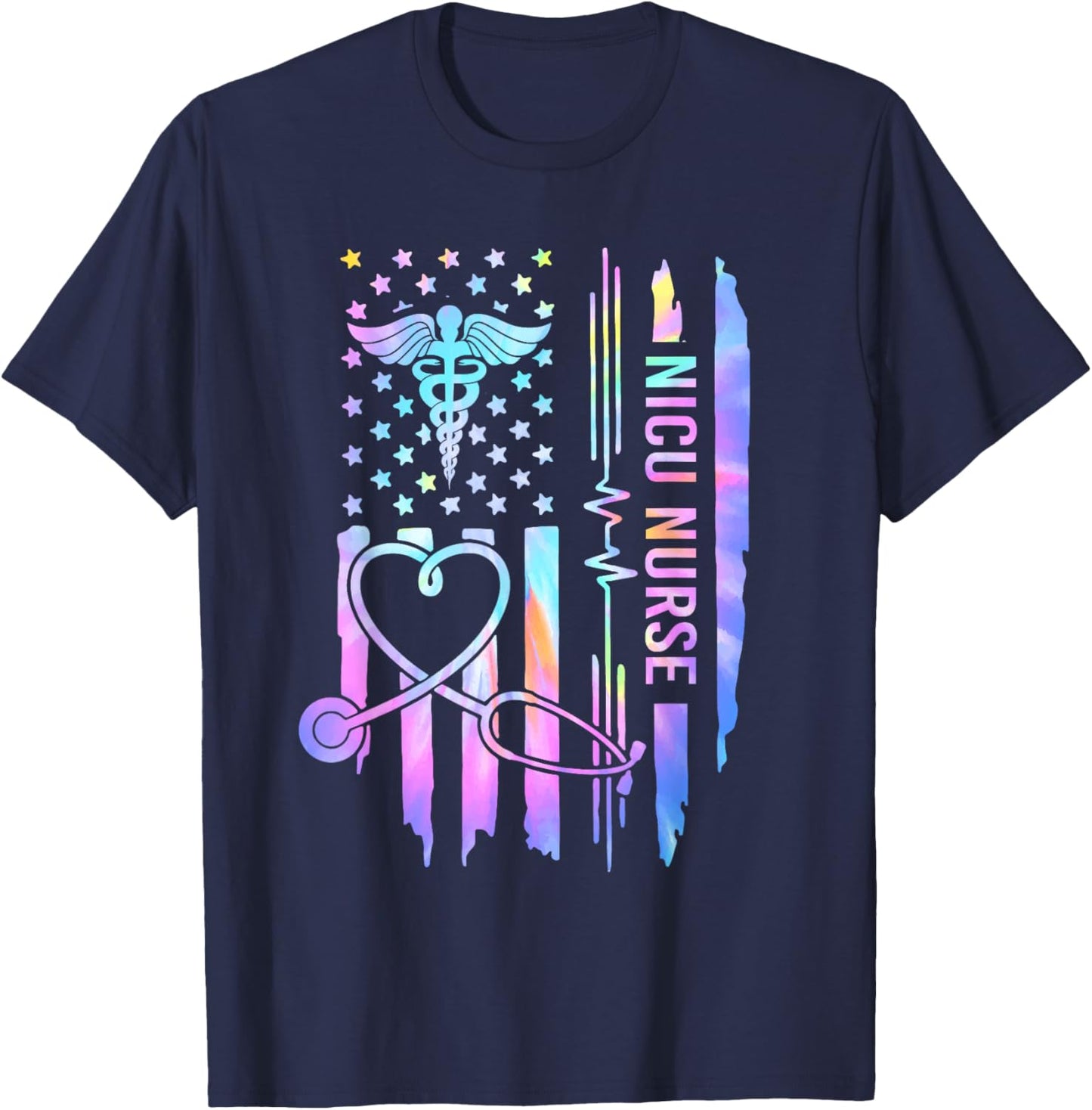 Tie Dye NICU Nurse ICU Neonatal USA Flag Team Tiny Humans T-Shirt - T-Shirt | Navy