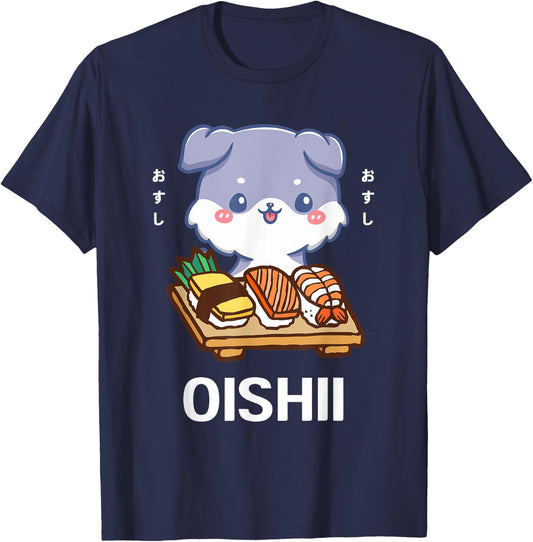 Cute Kawaii Dog Puppy Eats Sushi Japanese Food Lover Otaku Women Girls Kids T-Shirt - T-Shirt | Navy