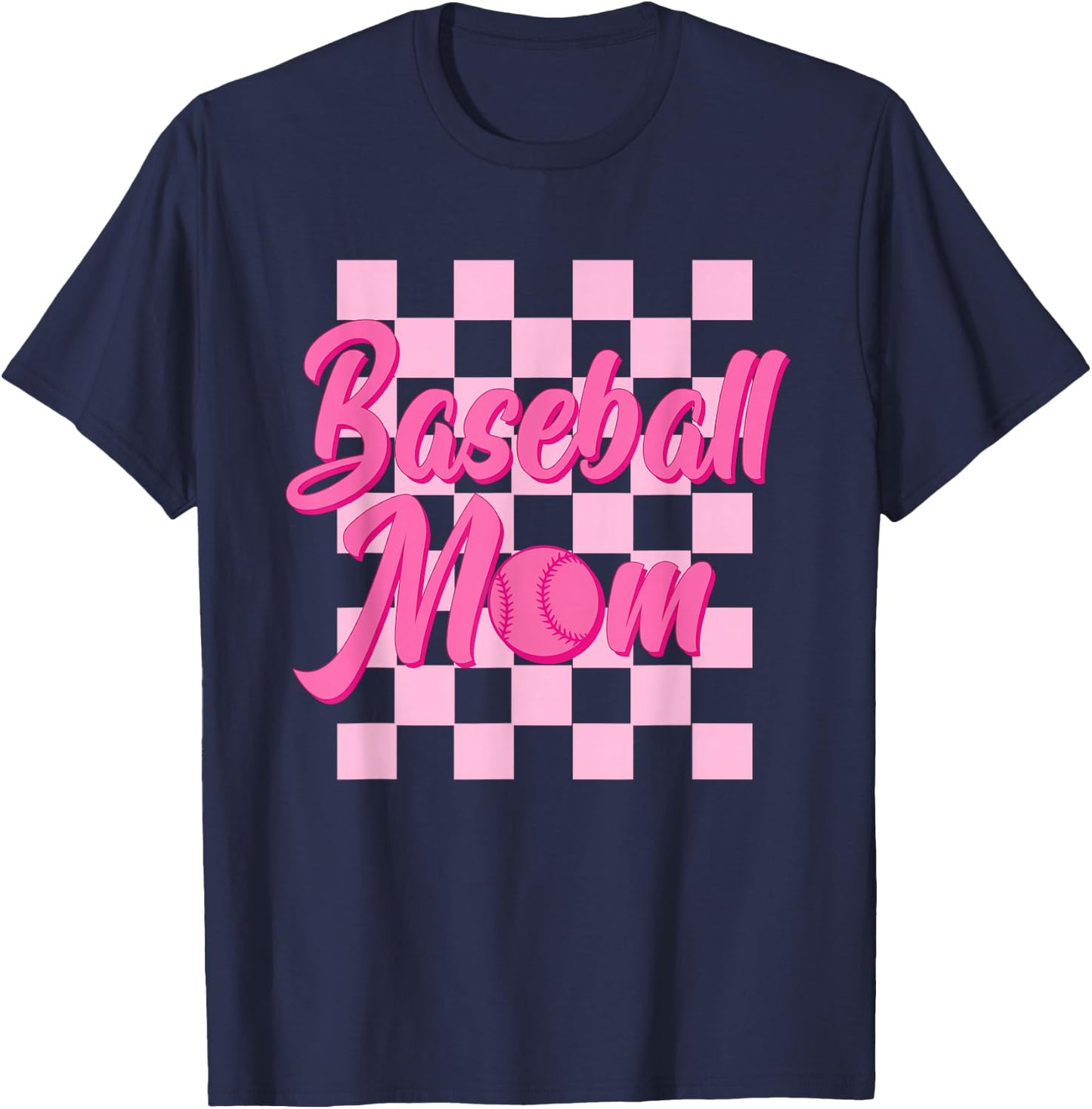 Baseball Mom Black And Pink Grid Sports Mother Mama Player T-Shirt - T-Shirt | Navy