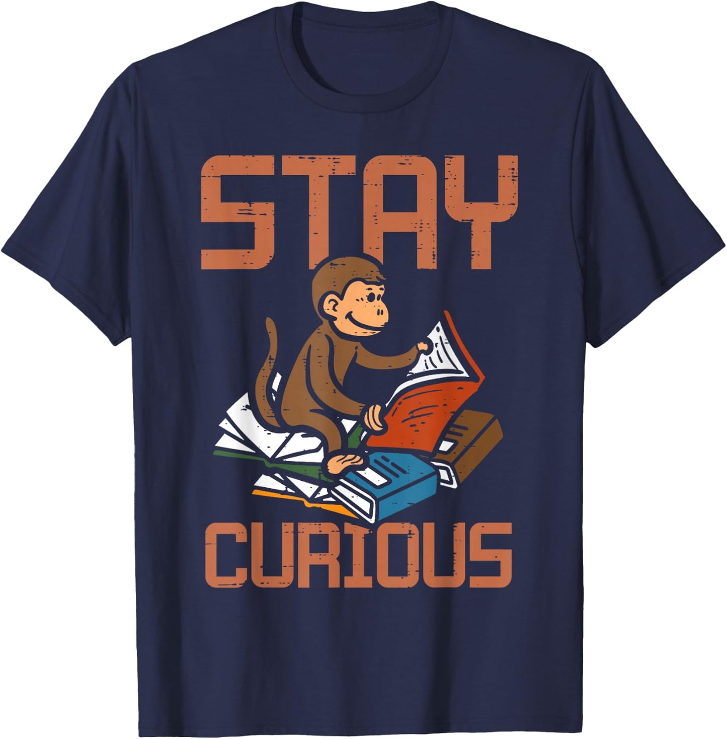 Stay Curious Monkey Reading Funny Book Lover Bookworm Kids T-Shirt - T-Shirt | Navy