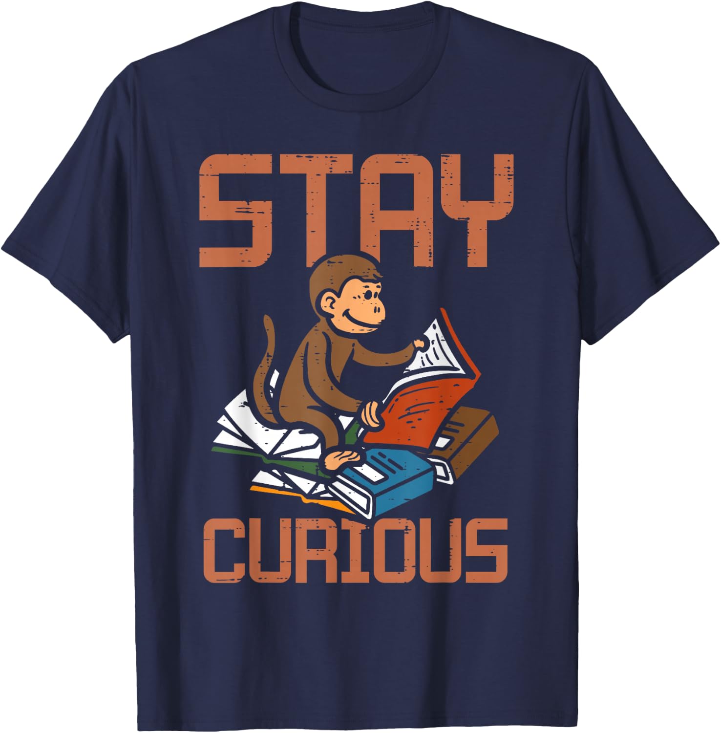 Stay Curious Monkey Reading Funny Book Lover Bookworm Kids T-Shirt - T-Shirt | Navy