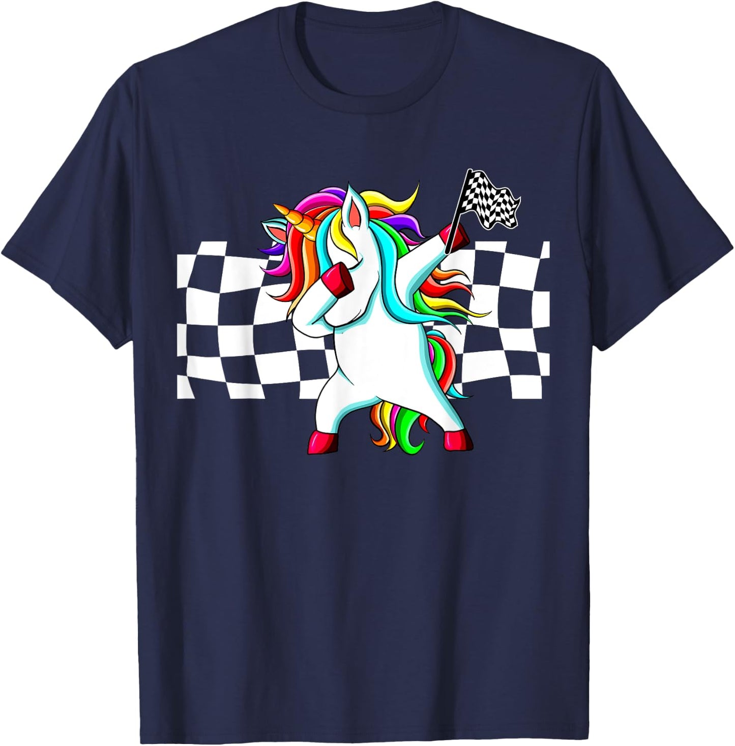 Racecar Racing Checker Flag Dabbing Unicorn Graphic T-Shirt - T-Shirt | Navy
