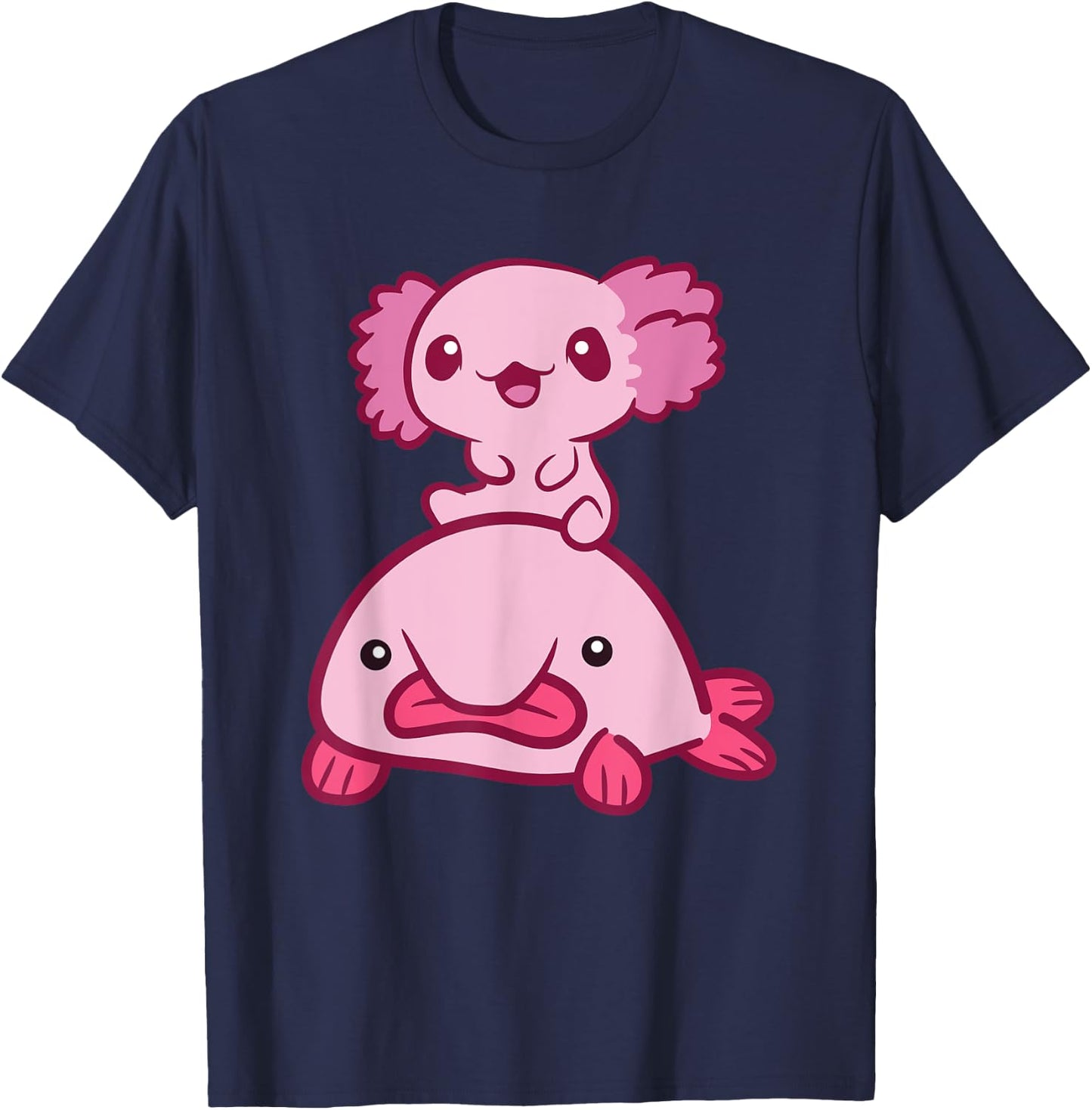 Kawaii Axolotl Riding A Blobfish Cute Axolotl T-Shirt - T-Shirt | Navy