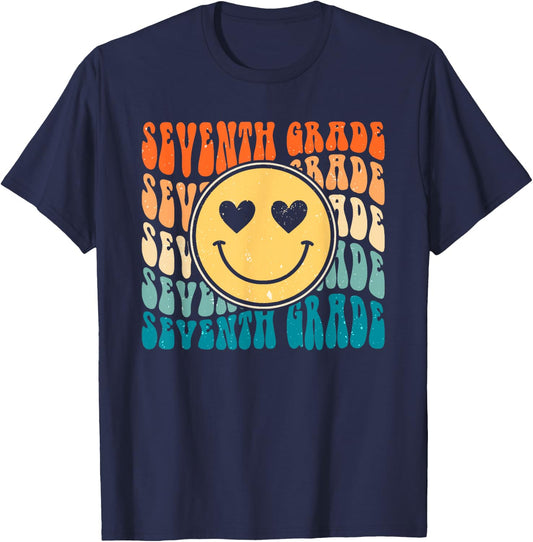 Boho Vintage Retro Groovy Smile 7th Seventh Grade Teacher T-Shirt - T-Shirt | Navy