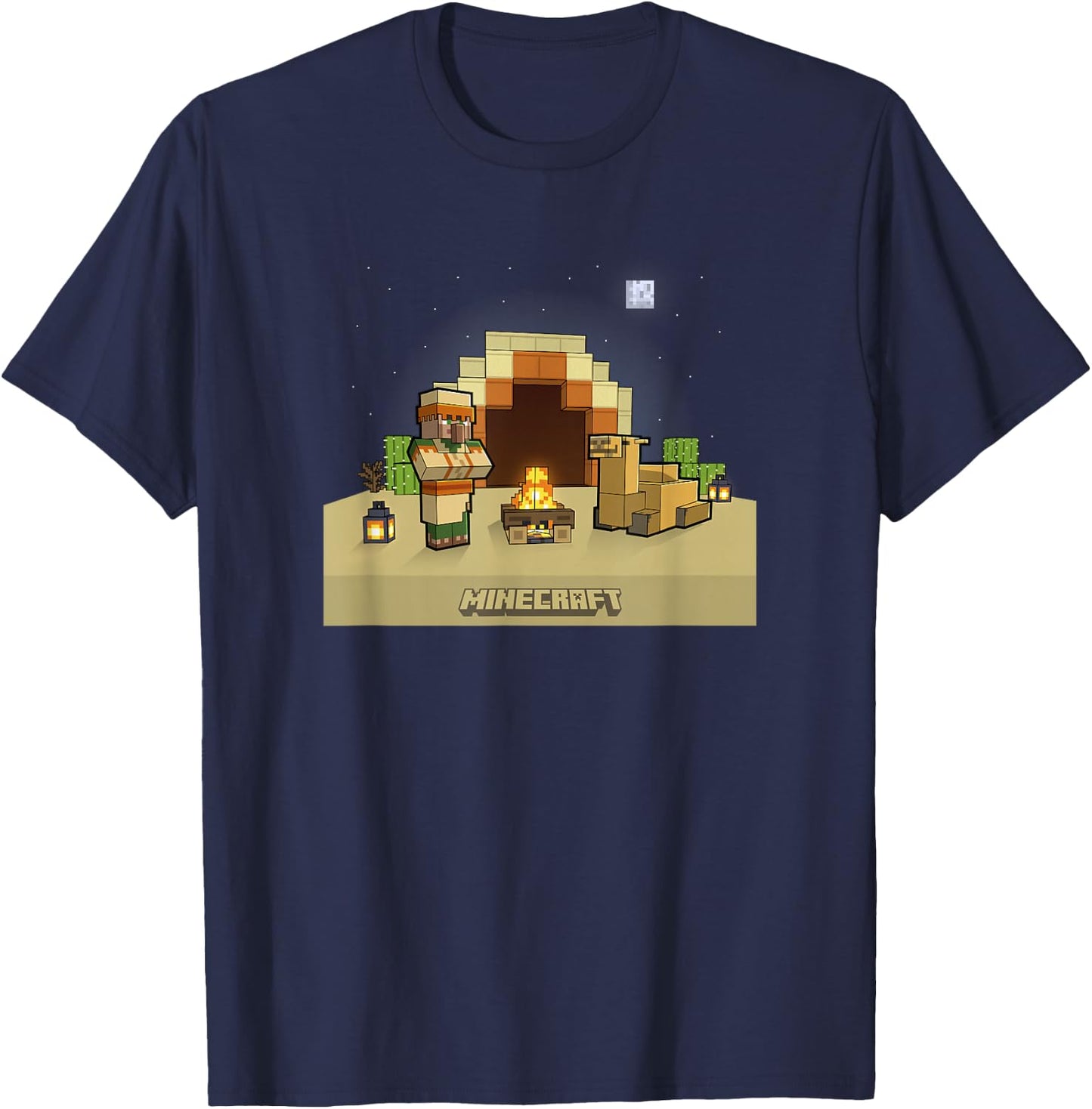 Minecraft Vanilla Villager & Camel Desert Fireplace At Night T-Shirt - T-Shirt | Navy
