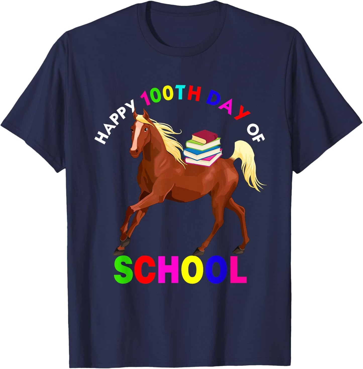 Happy 100th Days Of School Cute Horse Carrying Books Farm T-Shirt - T-Shirt | Navy