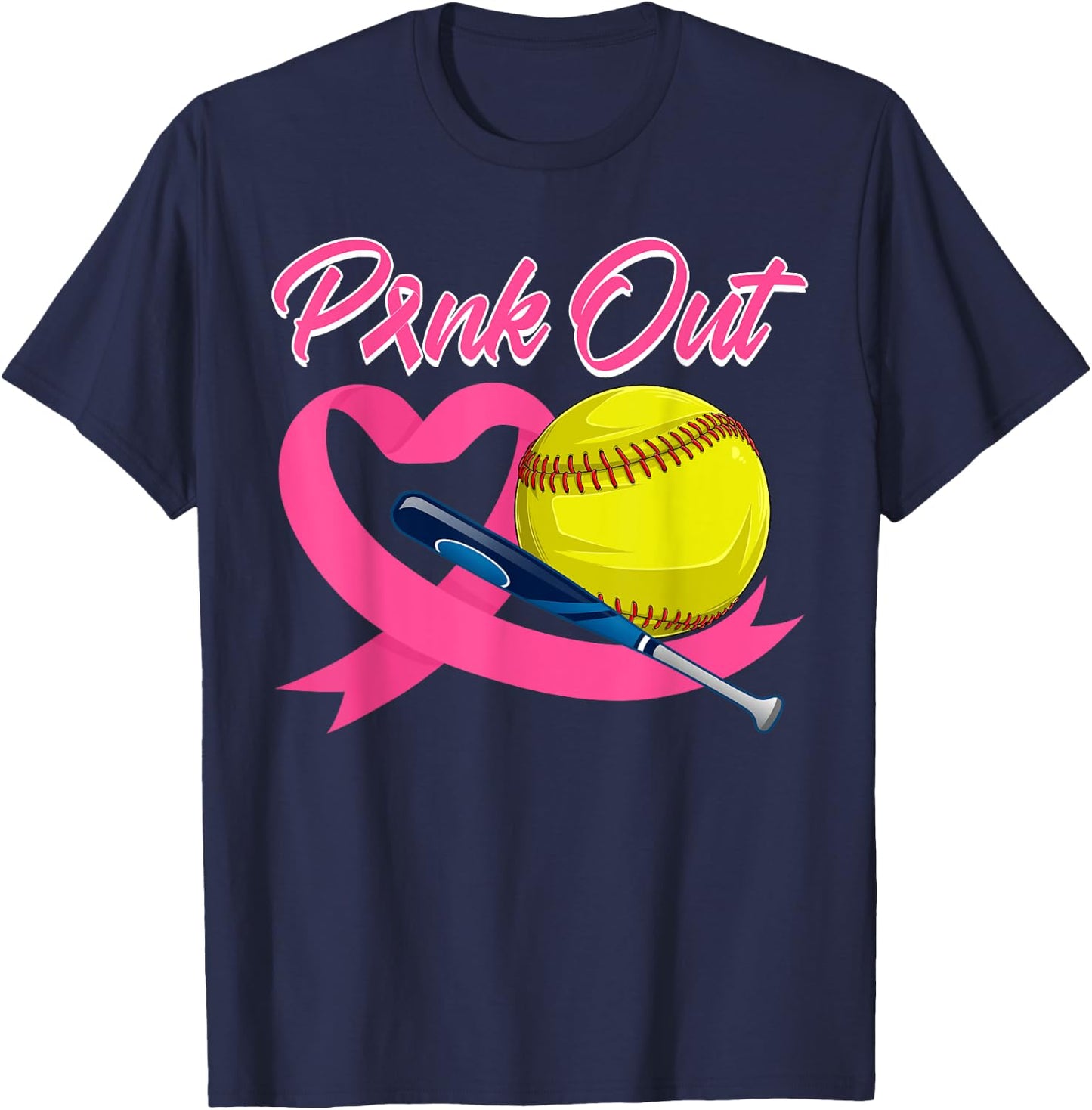 Pink Out Pink Ribbon Heart With Softball Ball Breast Cancer T-Shirt - T-Shirt | Navy