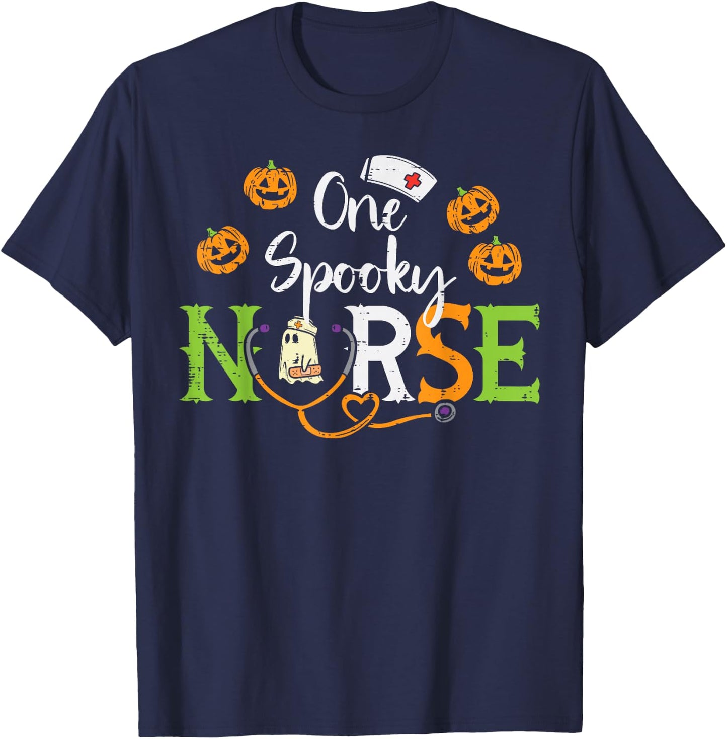 One Spooky Nurse Ghost Stethoscope Halloween Costume Nursing T-Shirt - T-Shirt | Navy