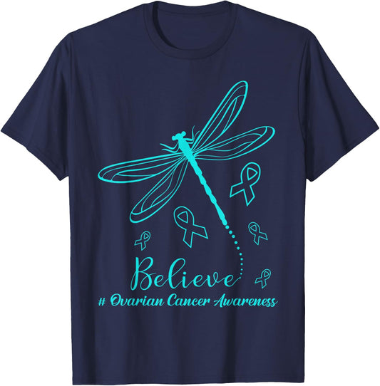 Ovarian Cancer Awareness Warrior Dragonfly Believe Hope T-Shirt - T-Shirt | Navy