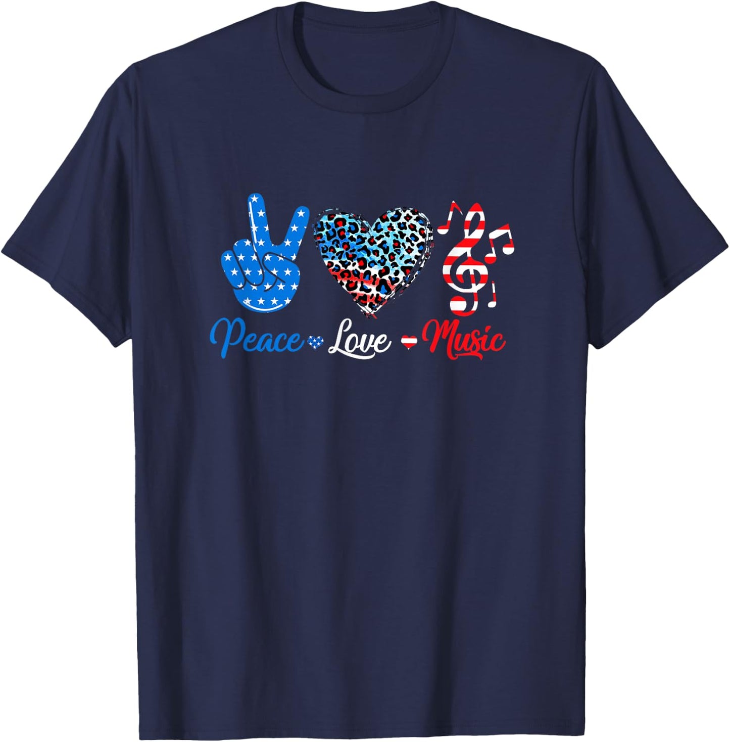 Peace Love Music Us Flag 4Th Of July Music Teacher Patriotic T-Shirt - T-Shirt | Navy