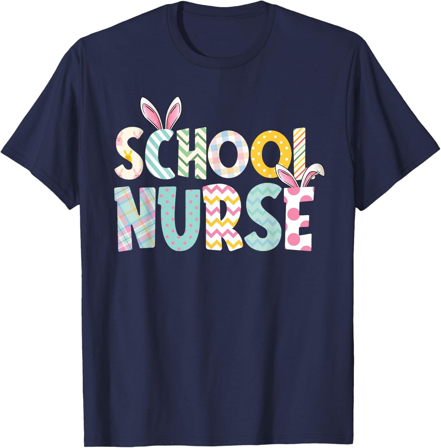 Happy Easter Day School Nurse Cute Bunny Ears Easter Eggs T-Shirt - T-Shirt | Navy