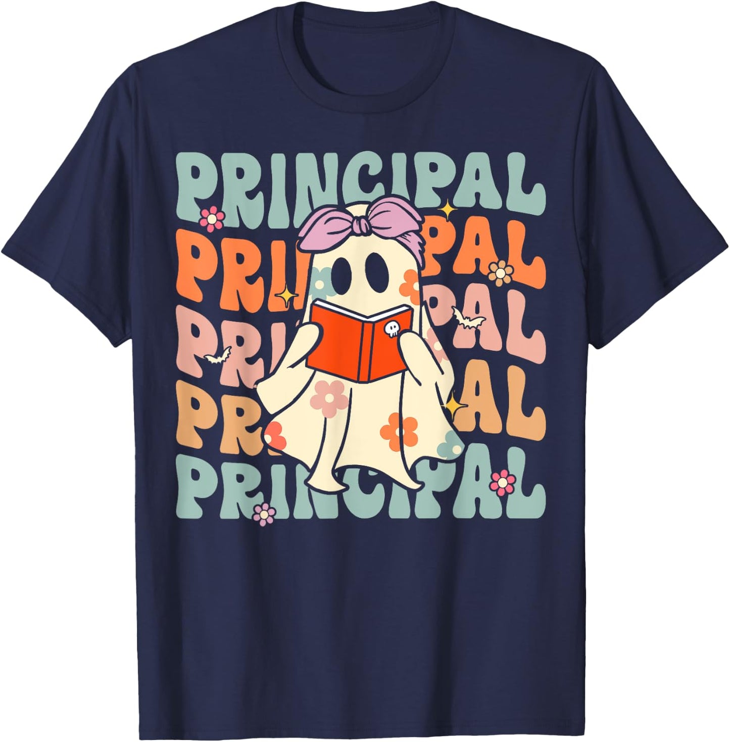 Groovy Halloween School Principal Retro Floral Ghost T-Shirt - T-Shirt | Navy