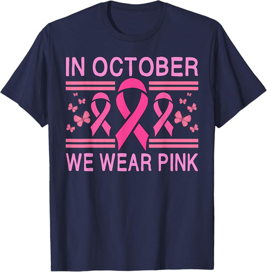 In October We Wear Pink Butterfly Pink Ribbon Awareness T-Shirt - T-Shirt | Navy