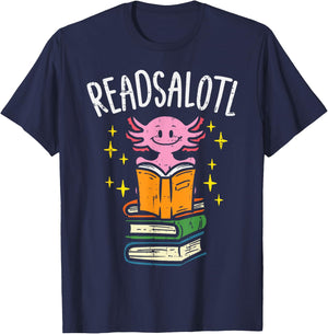 Axolotl Books Readsalotl Reading Bookworm Boys Girls Kids Small T-Shirt - T-Shirt | Navy