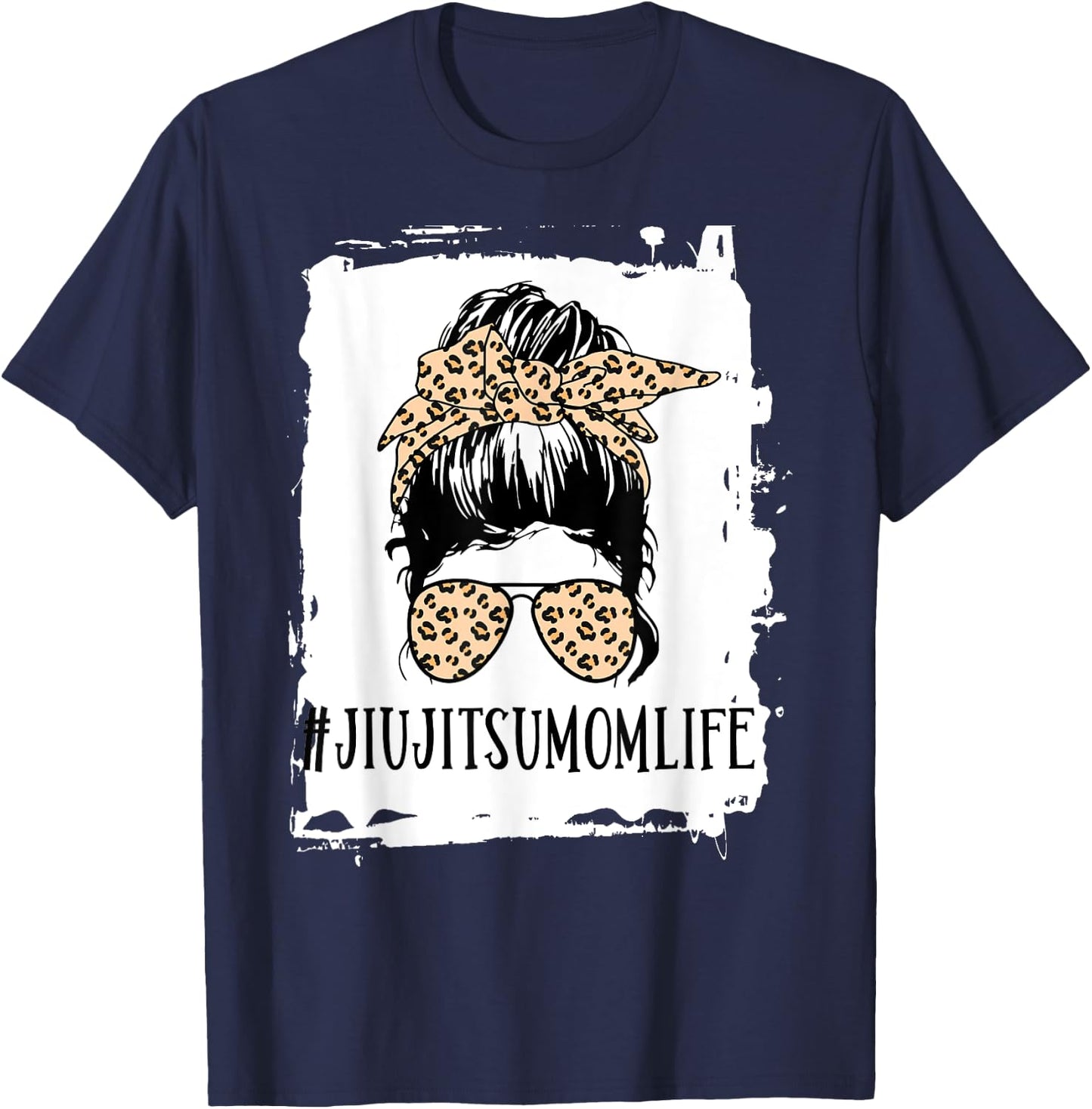BJJ Jiu Jitsu Mom Life Messy Bun Leopard T-Shirt - T-Shirt | Navy