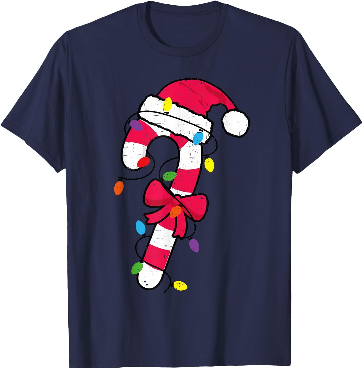 Cute Christmas Candy Cane Santa Hat and Christmas Lights T-Shirt - T-Shirt | Navy