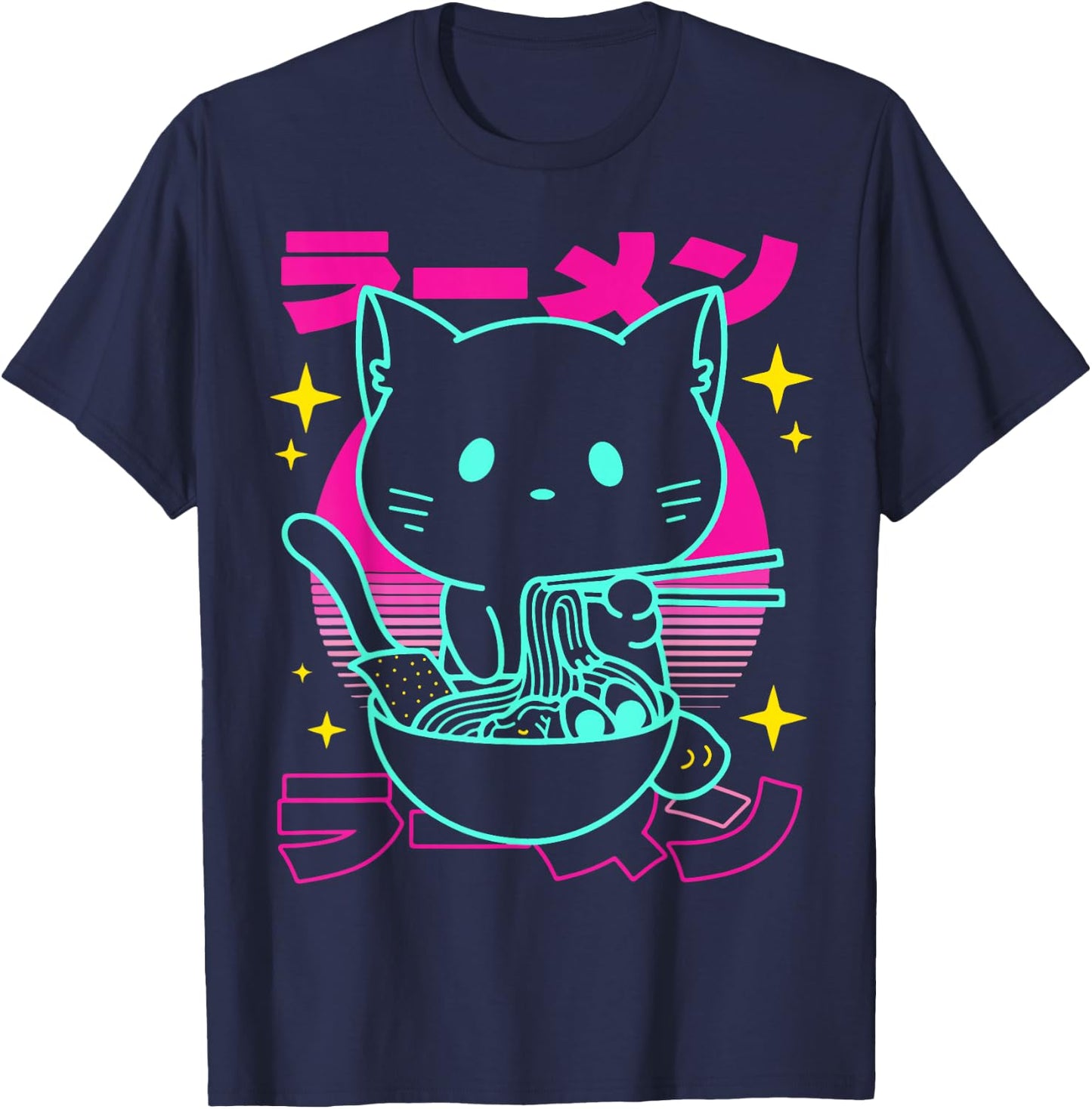 Anime Ramen Cat Retro Japanese Noodles Aesthetic Kawaii cat T-Shirt - T-Shirt | Navy