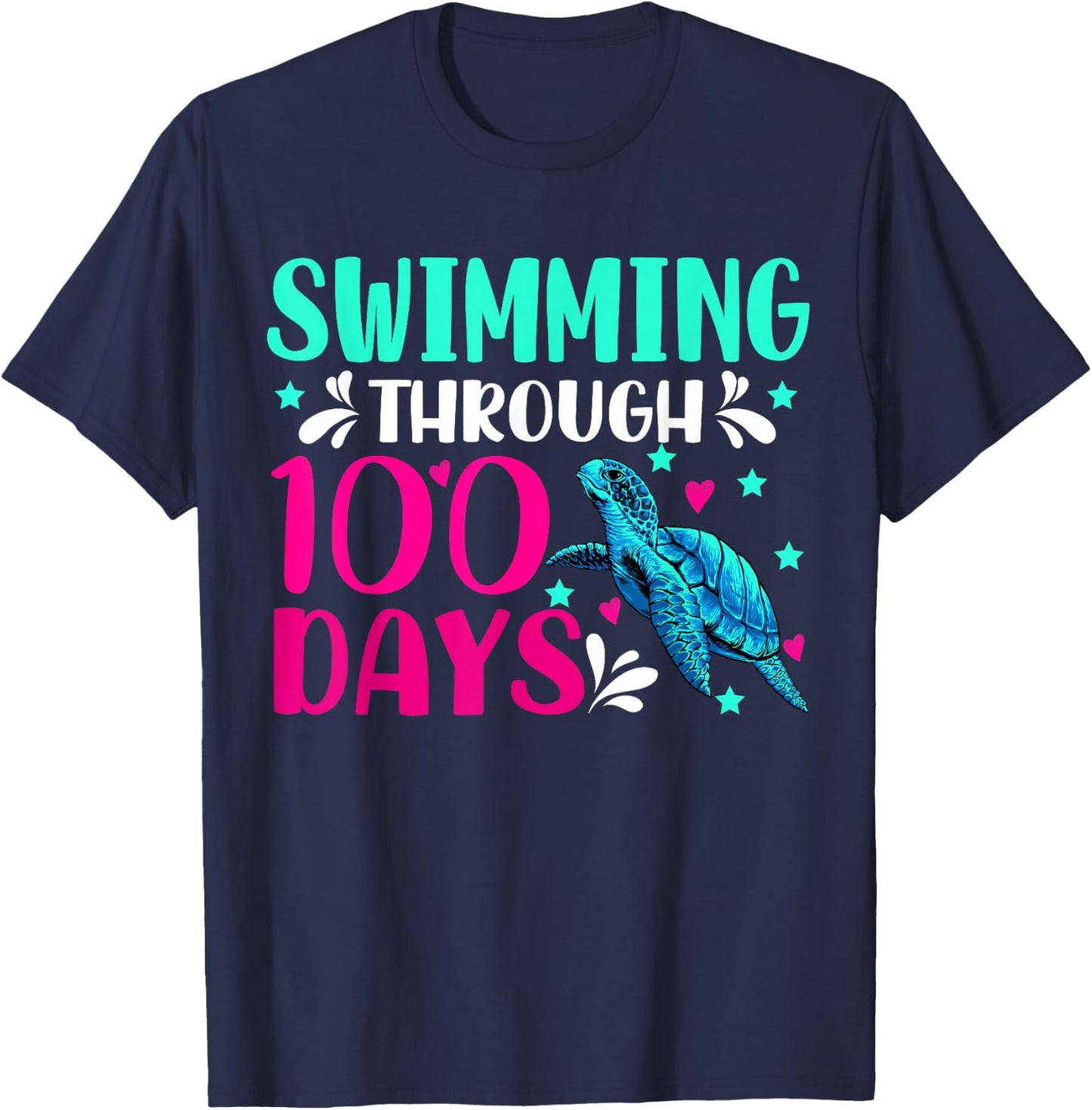 Swimming Through 100 Days Of School Turtle Lovers Teachers T-Shirt - T-Shirt | Navy