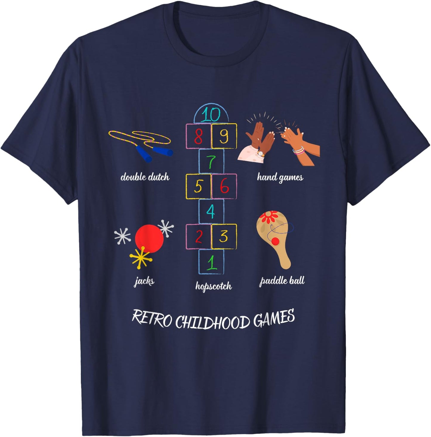 Vintage Childhood Outdoor Games Double Dutch Hopscotch Jacks T-Shirt - T-Shirt | Navy