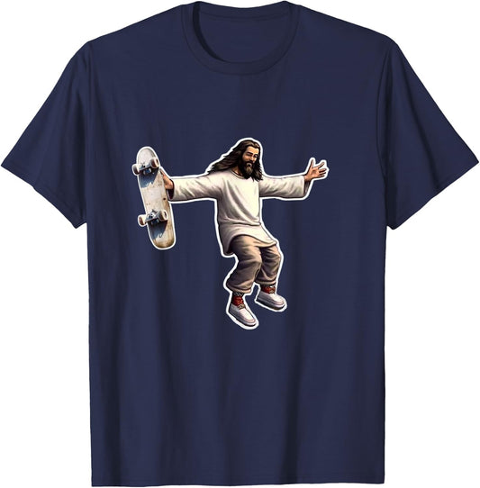 Steezus Christ Shredding Skateboard Trending Meme T-Shirt - T-Shirt | Navy