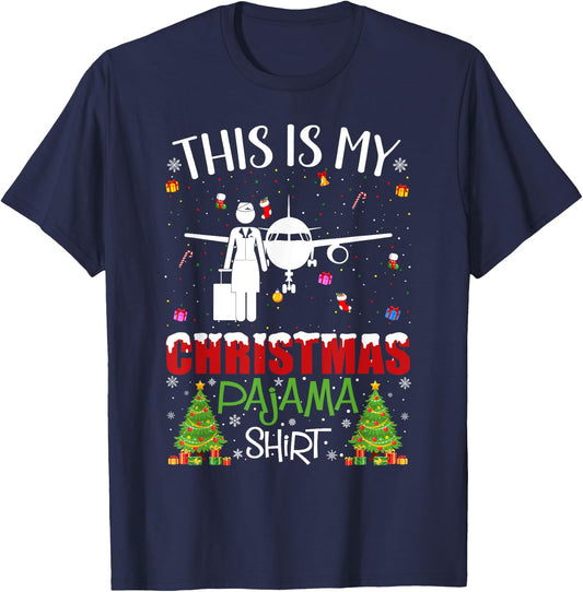 This is My Christmas Pajama Flight Attendant Ugly Sweater T-Shirt - T-Shirt | Navy