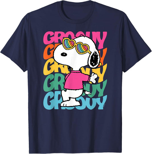 Peanuts - Snoopy Rainbow Groovy Stacked T-Shirt - T-Shirt | Navy