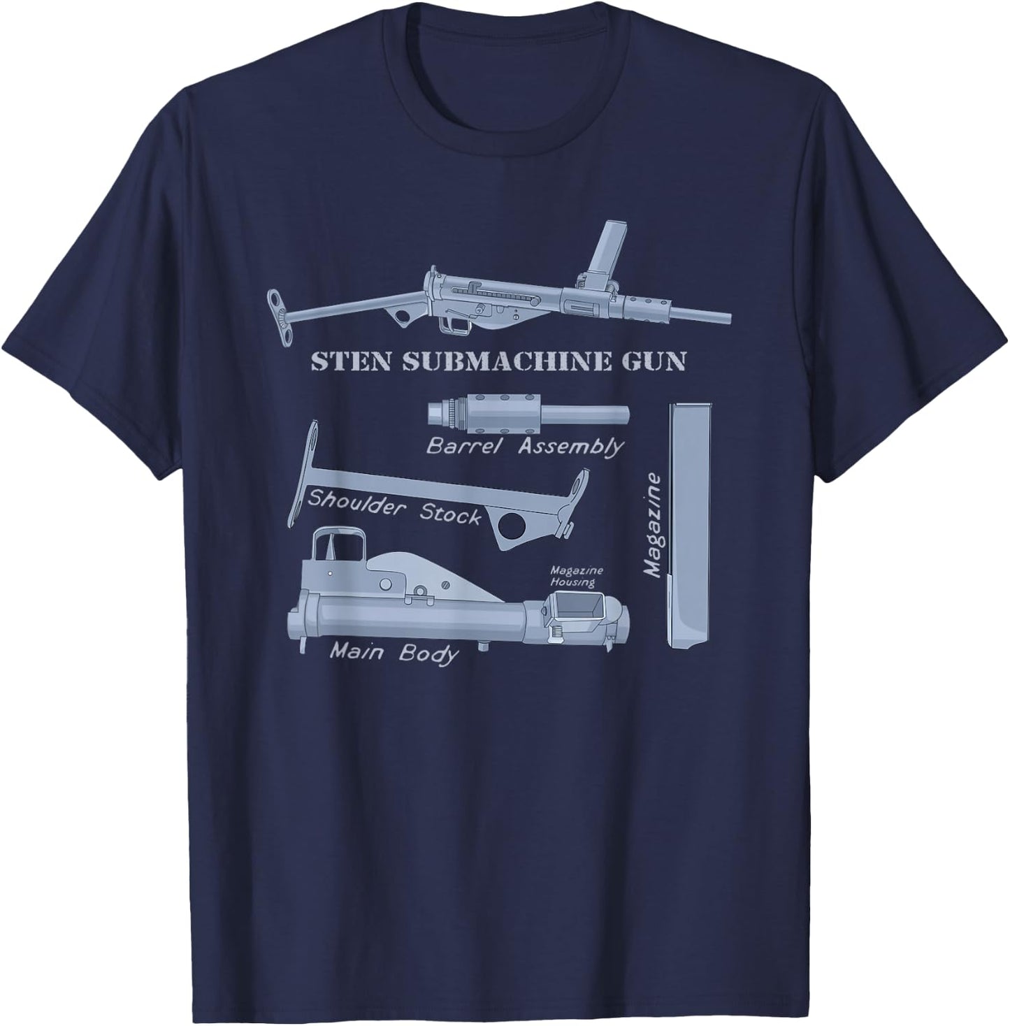 Sten Gun British WW2 Submachine Guns Diagrams T-Shirt - T-Shirt | Navy